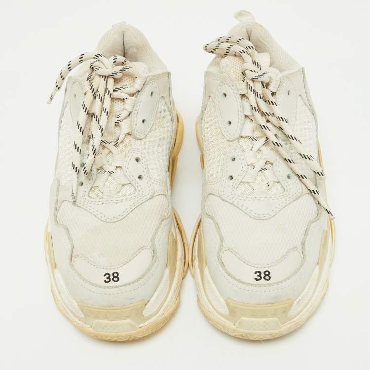 Pre Owned Balenciaga Off White Leather and Mesh Triple S Clear Sneakers Size 38