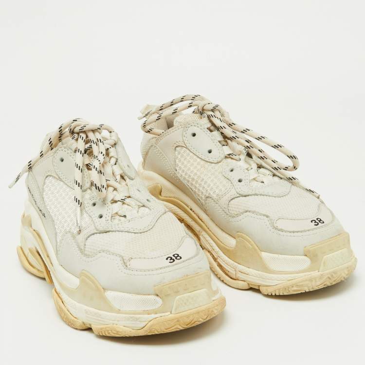 Pre Owned Balenciaga Off White Leather and Mesh Triple S Clear Sneakers Size 38