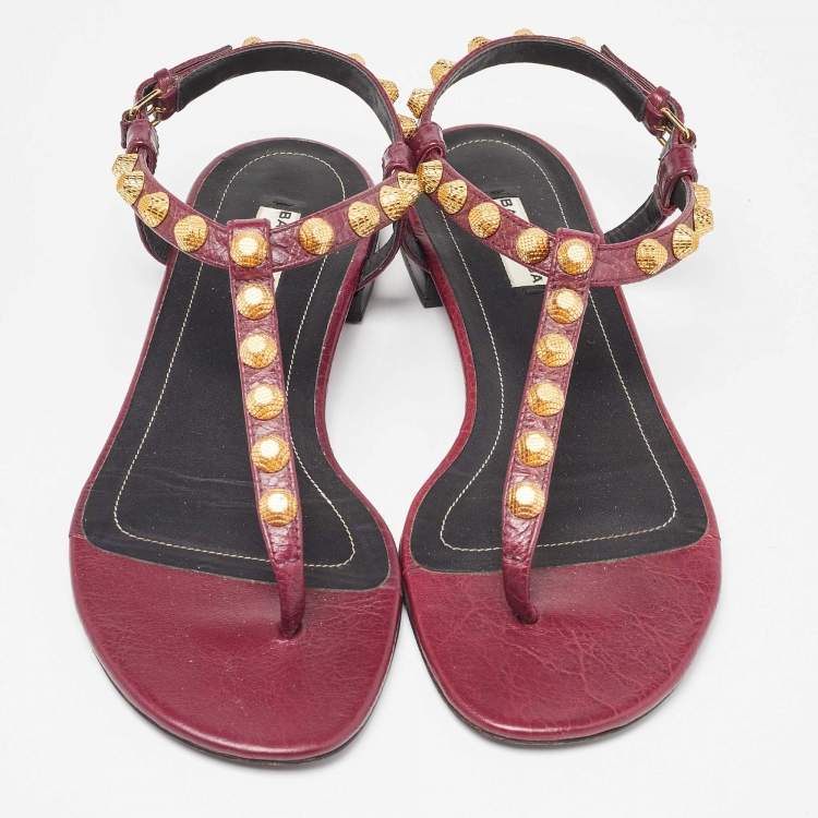 Pre Owned Balenciaga Burgundy Leather Arena Thong Flats Size 37.5