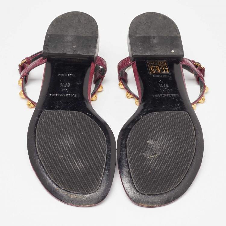 Pre Owned Balenciaga Burgundy Leather Arena Thong Flats Size 37.5