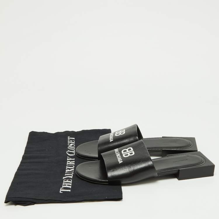 Pre Owned Balenciaga Black Leather Logo Box Flat Slides Size 38