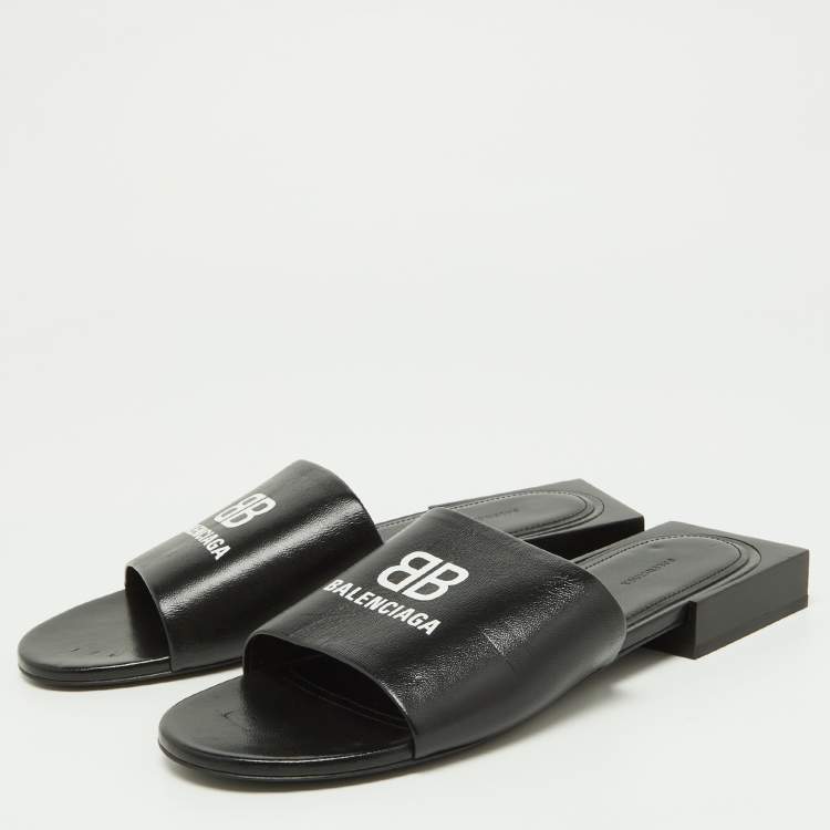 Pre Owned Balenciaga Black Leather Logo Box Flat Slides Size 38