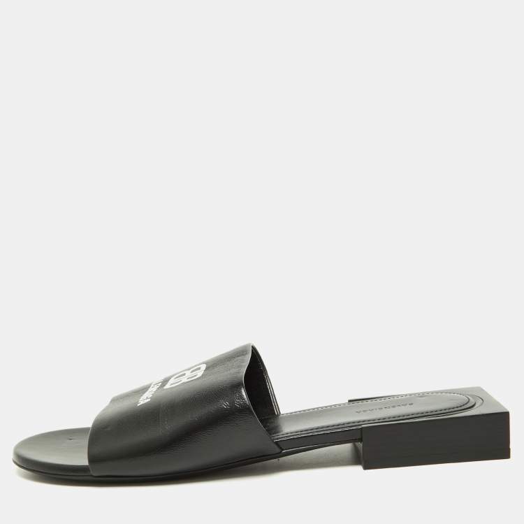 Balenciaga Black Leather Logo Box Flat Slides Size 38 Balenciaga | The  Luxury Closet