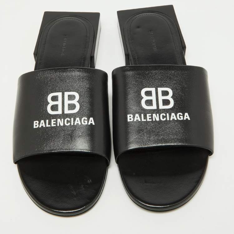 Pre Owned Balenciaga Black Leather Logo Box Flat Slides Size 38