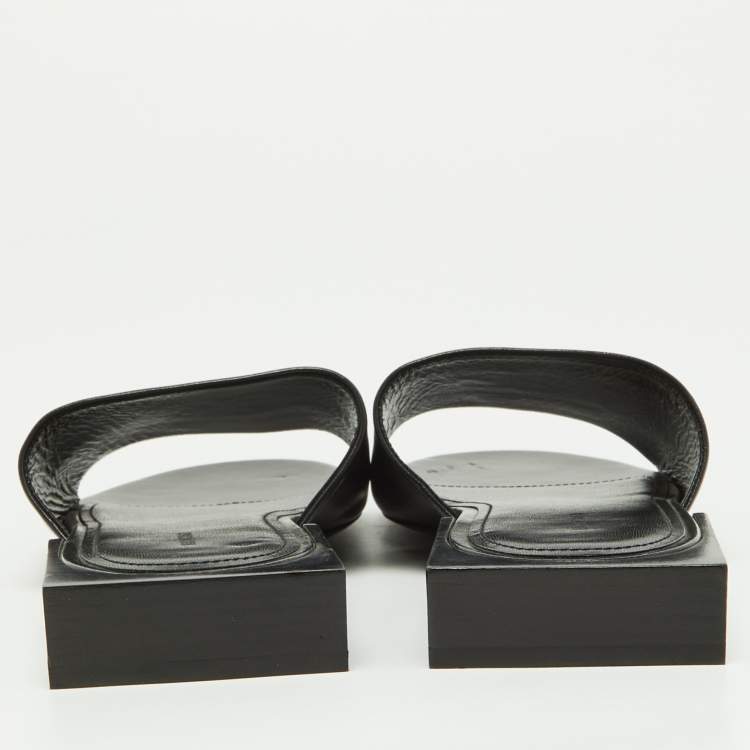 Pre Owned Balenciaga Black Leather Logo Box Flat Slides Size 38