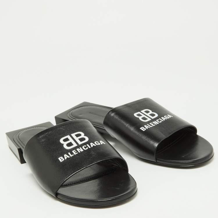 Pre Owned Balenciaga Black Leather Logo Box Flat Slides Size 38
