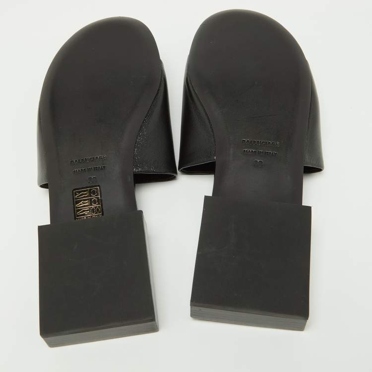 Pre Owned Balenciaga Black Leather Logo Box Flat Slides Size 38