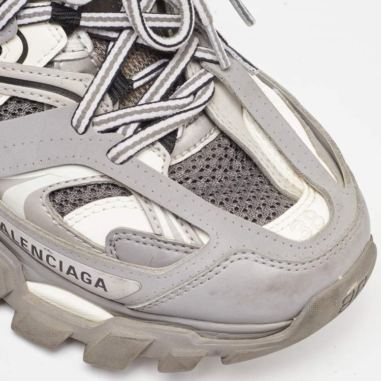 Pre Owned Balenciaga Grey/White Faux Leather and Mesh Track Sneakers Size 38
