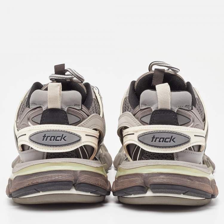 Pre Owned Balenciaga Grey/White Faux Leather and Mesh Track Sneakers Size 38