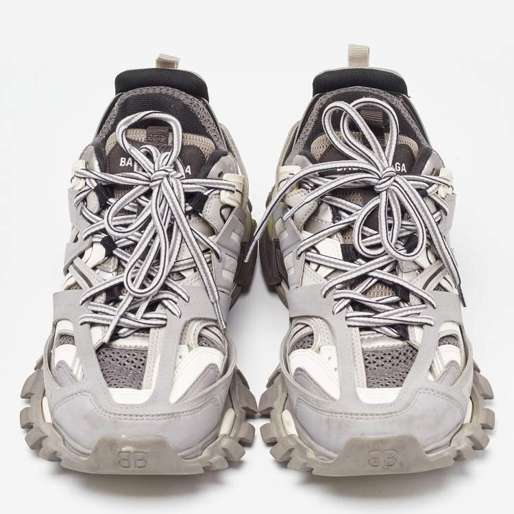 Pre Owned Balenciaga Grey/White Faux Leather and Mesh Track Sneakers Size 38