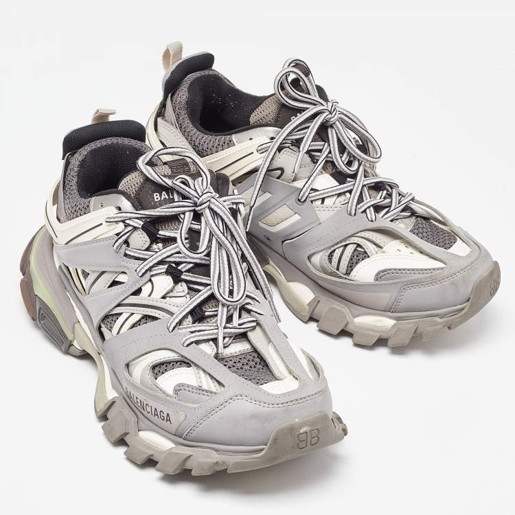 Pre Owned Balenciaga Grey/White Faux Leather and Mesh Track Sneakers Size 38