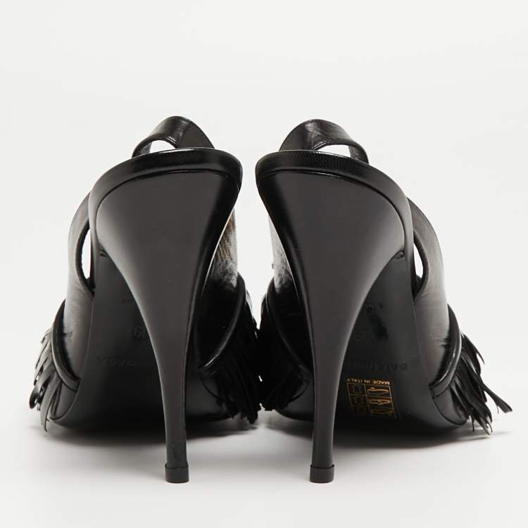 Pre Owned Balenciaga Black Fringe Leather Chain Detail Ankle Strap Sandals Size 39