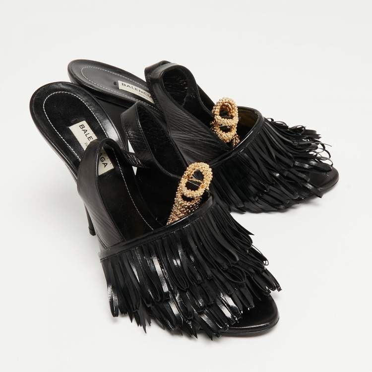 Pre Owned Balenciaga Black Fringe Leather Chain Detail Ankle Strap Sandals Size 39