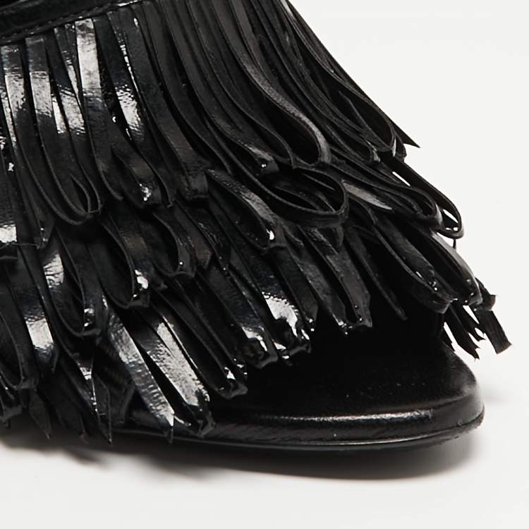 Pre Owned Balenciaga Black Fringe Leather Chain Detail Ankle Strap Sandals Size 39