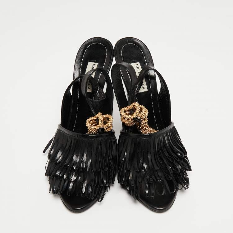 Pre Owned Balenciaga Black Fringe Leather Chain Detail Ankle Strap Sandals Size 39