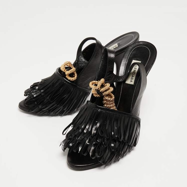 Pre Owned Balenciaga Black Fringe Leather Chain Detail Ankle Strap Sandals Size 39
