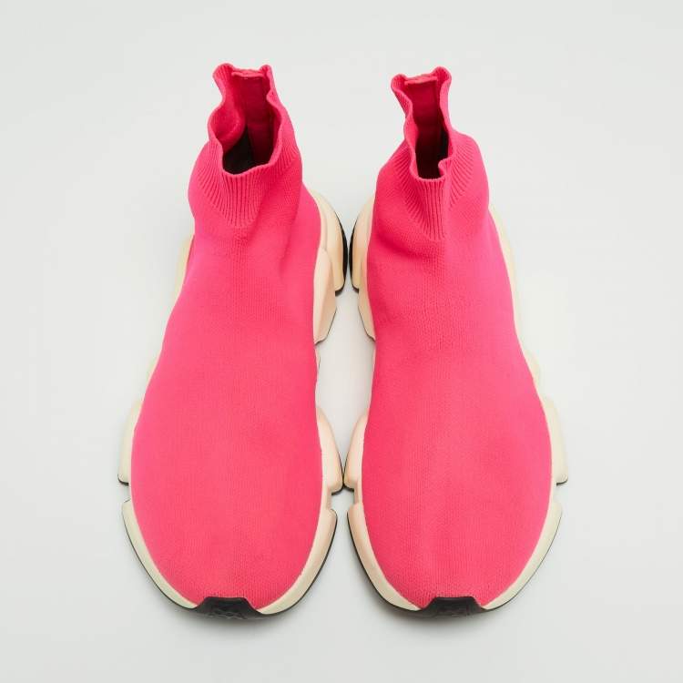 Pre Owned Balenciaga Neon Pink Knit Fabric Speed Trainer Sneakers Size 38