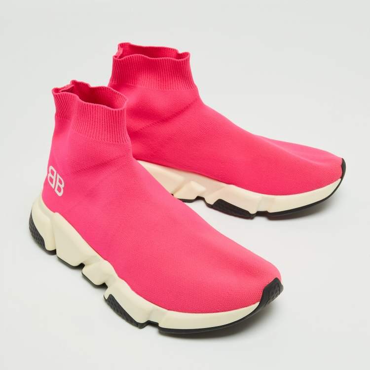 Pre Owned Balenciaga Neon Pink Knit Fabric Speed Trainer Sneakers Size 38