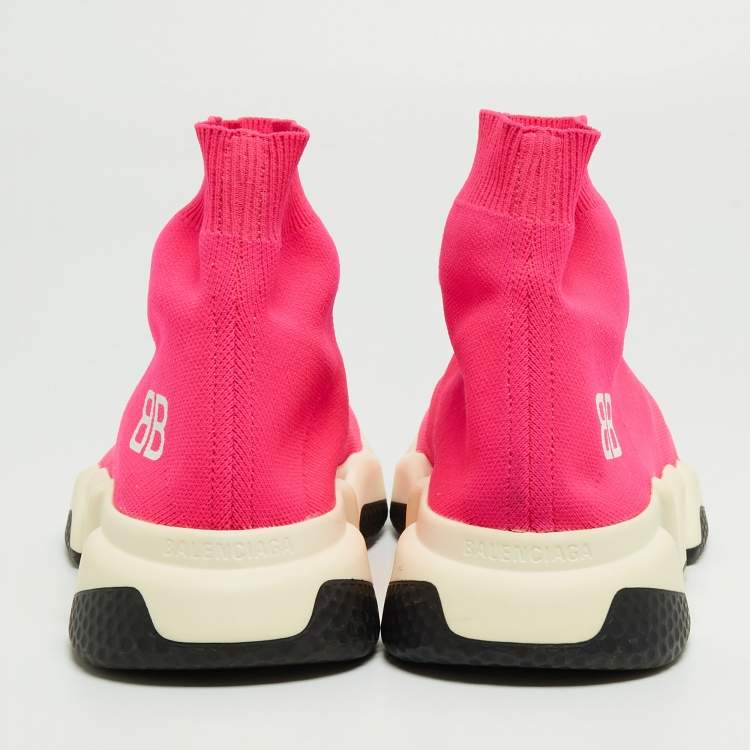 Pre Owned Balenciaga Neon Pink Knit Fabric Speed Trainer Sneakers Size 38