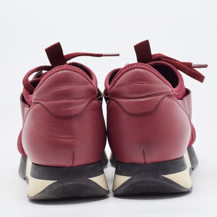 Pre Owned Balenciaga Burgundy Leather and  Mesh Race Runner Sneakers Size 37