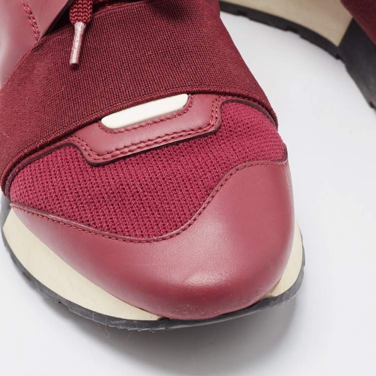 Pre Owned Balenciaga Burgundy Leather and  Mesh Race Runner Sneakers Size 37