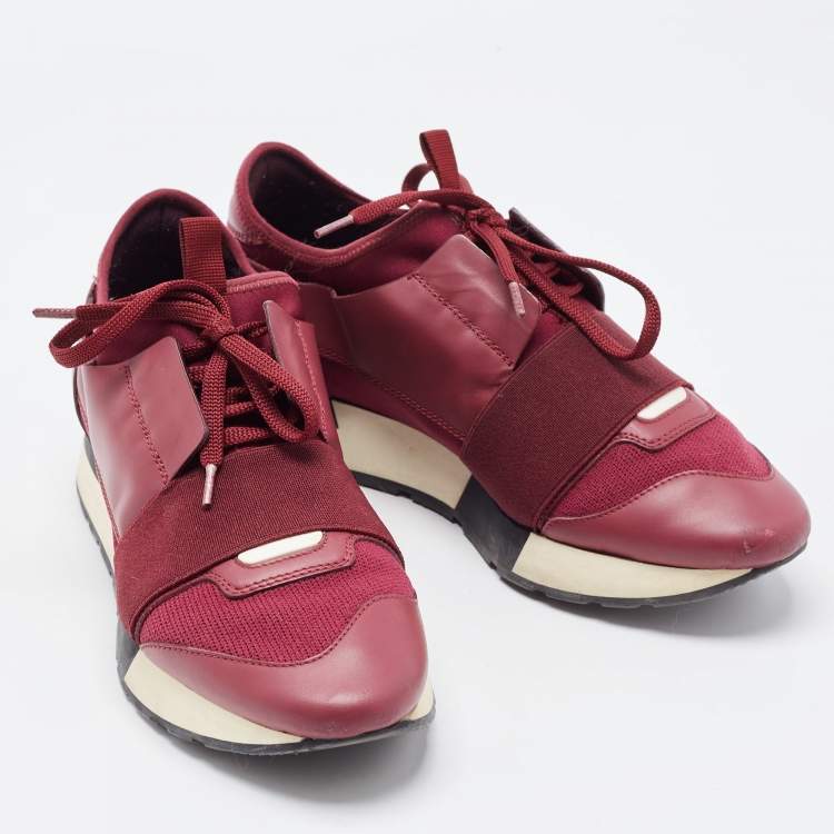Pre Owned Balenciaga Burgundy Leather and  Mesh Race Runner Sneakers Size 37