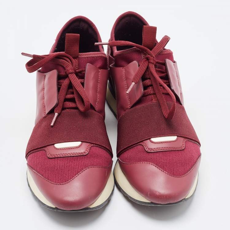 Pre Owned Balenciaga Burgundy Leather and  Mesh Race Runner Sneakers Size 37