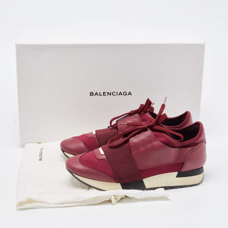 Pre Owned Balenciaga Burgundy Leather and  Mesh Race Runner Sneakers Size 37