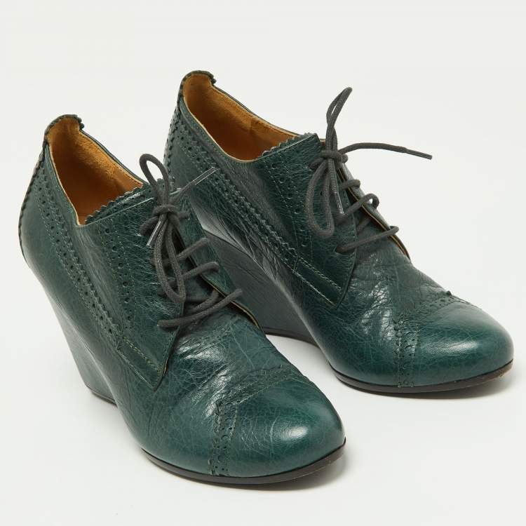 Pre Owned Balenciaga Green Brogue Leather Wedge Derby Size 37