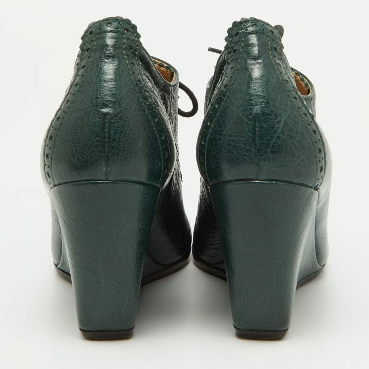 Pre Owned Balenciaga Green Brogue Leather Wedge Derby Size 37