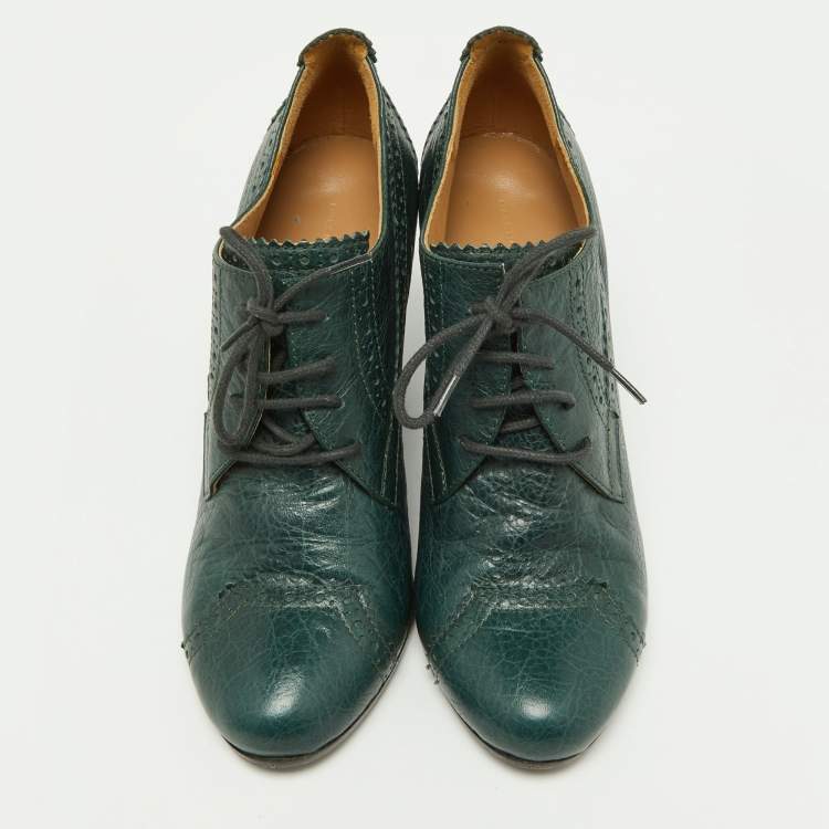 Pre Owned Balenciaga Green Brogue Leather Wedge Derby Size 37