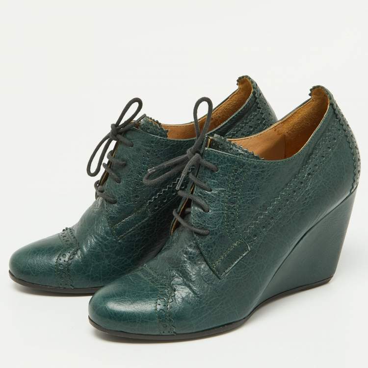 Pre Owned Balenciaga Green Brogue Leather Wedge Derby Size 37