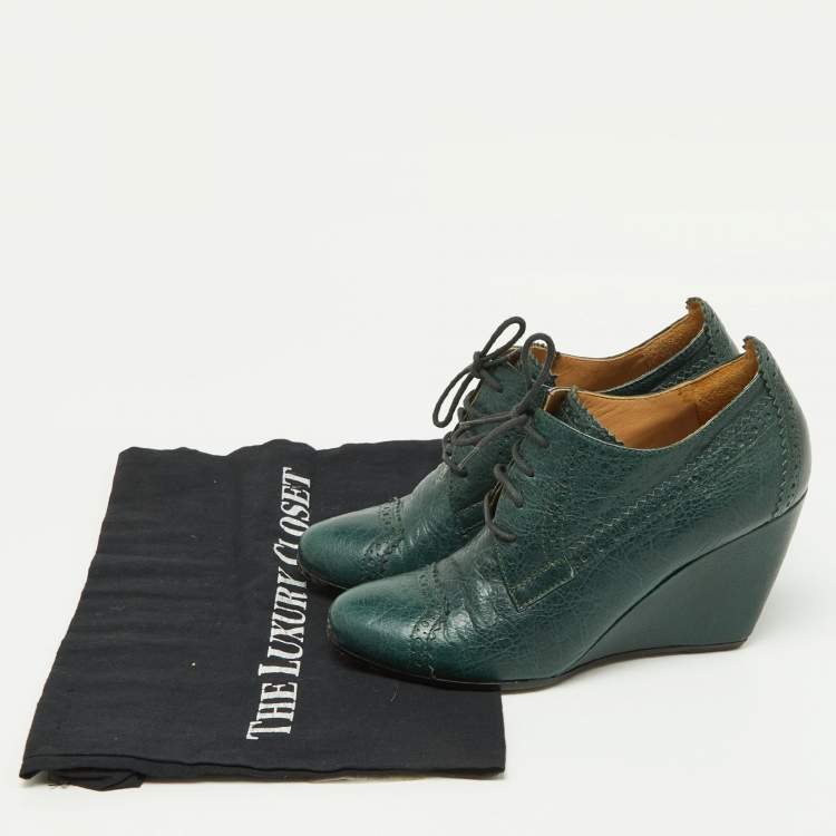 Pre Owned Balenciaga Green Brogue Leather Wedge Derby Size 37