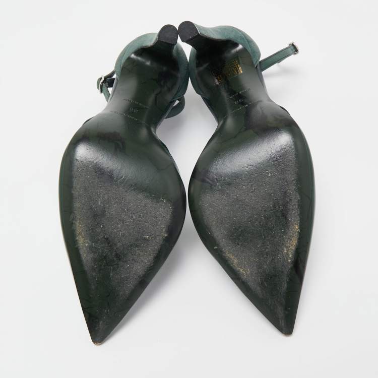 Pre Owned Balenciaga Green Leather and Suede Ankle Strap Pumps Size 38