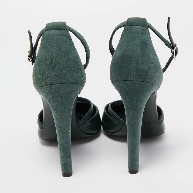 Pre Owned Balenciaga Green Leather and Suede Ankle Strap Pumps Size 38