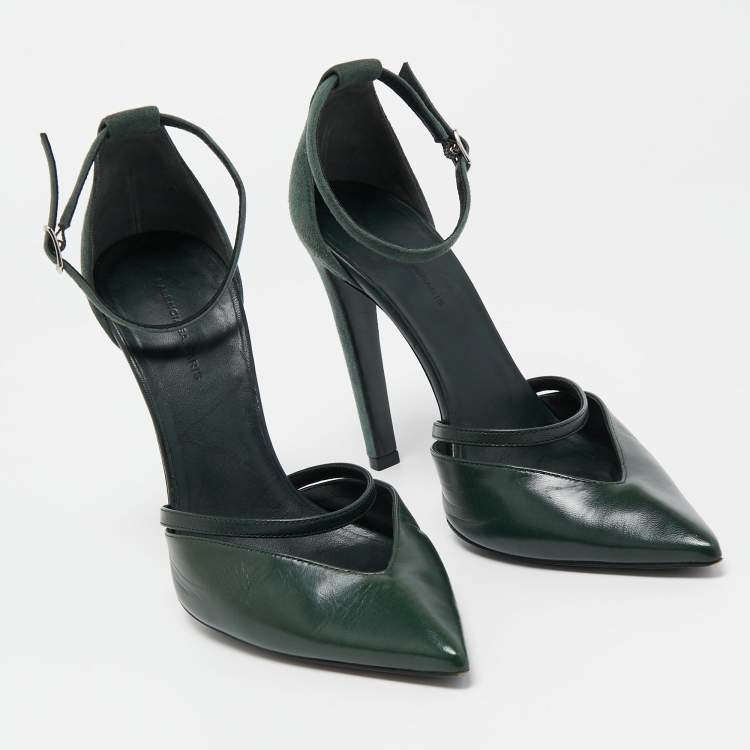 Pre Owned Balenciaga Green Leather and Suede Ankle Strap Pumps Size 38