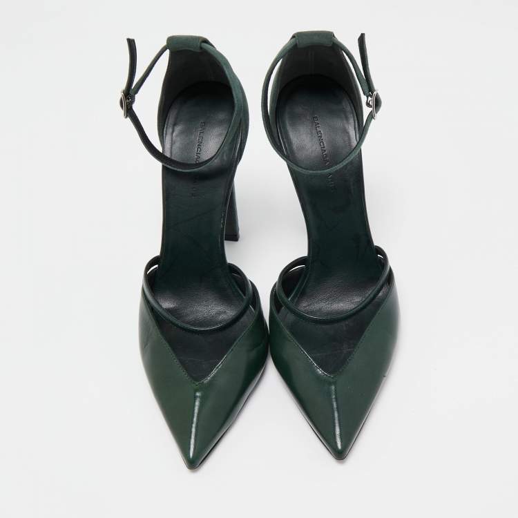 Pre Owned Balenciaga Green Leather and Suede Ankle Strap Pumps Size 38