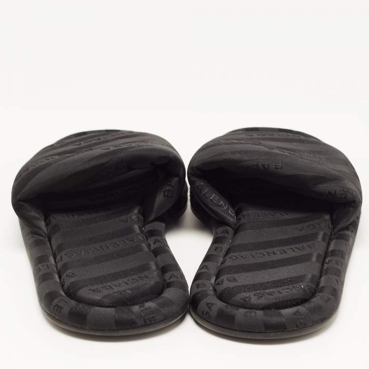Pre Owned Balenciaga Black Logo Print Fabric Flat Slides Size 35