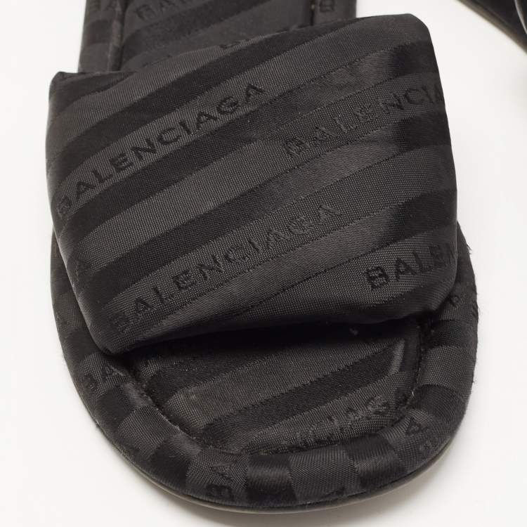Pre Owned Balenciaga Black Logo Print Fabric Flat Slides Size 35