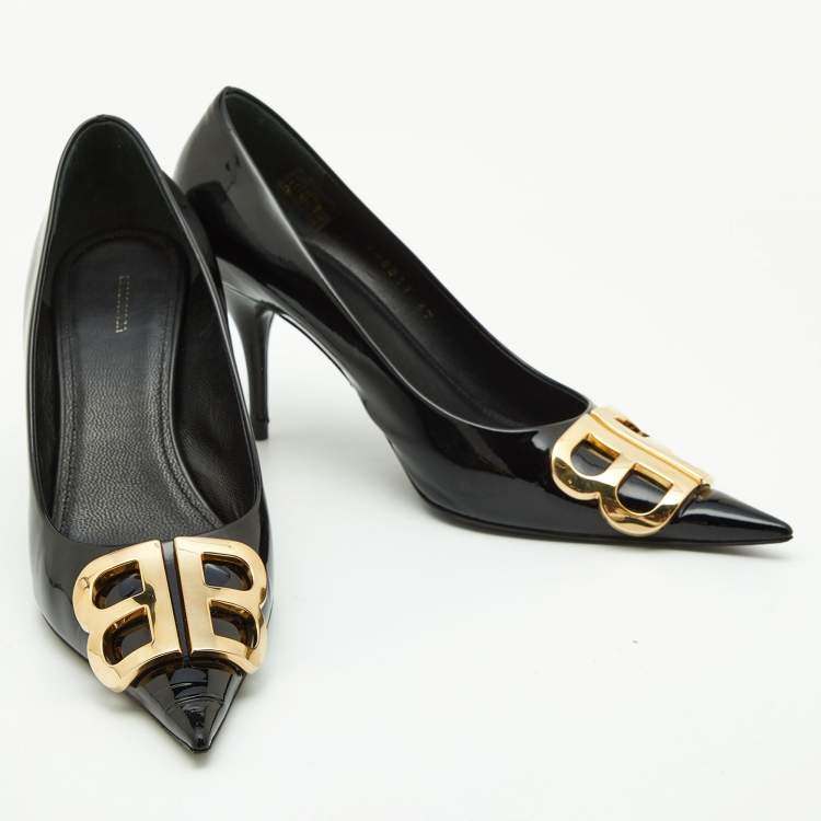 Pre Owned Balenciaga Black Patent Leather BB Knife Pumps Size 37