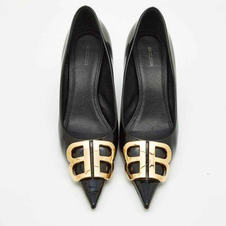 Pre Owned Balenciaga Black Patent Leather BB Knife Pumps Size 37