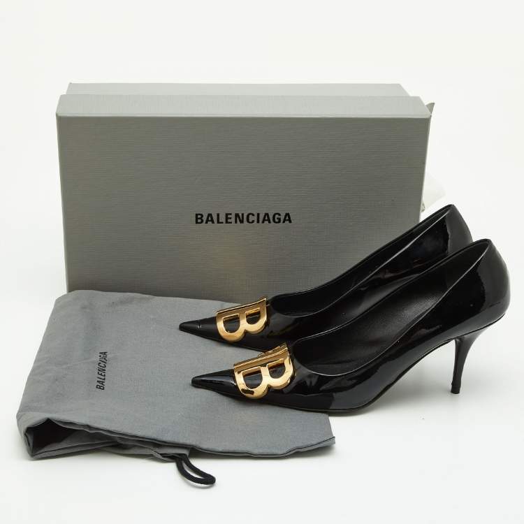 Pre Owned Balenciaga Black Patent Leather BB Knife Pumps Size 37