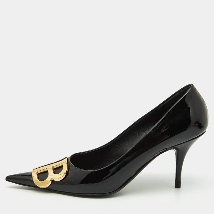 Pre Owned Balenciaga Black Patent Leather BB Knife Pumps Size 37