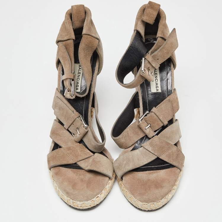 Pre Owned Balenciaga Grey Suede Strappy Wedge Sandals Size 39
