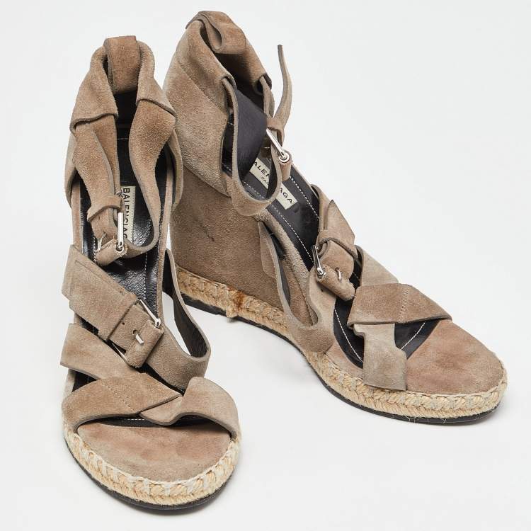 Pre Owned Balenciaga Grey Suede Strappy Wedge Sandals Size 39