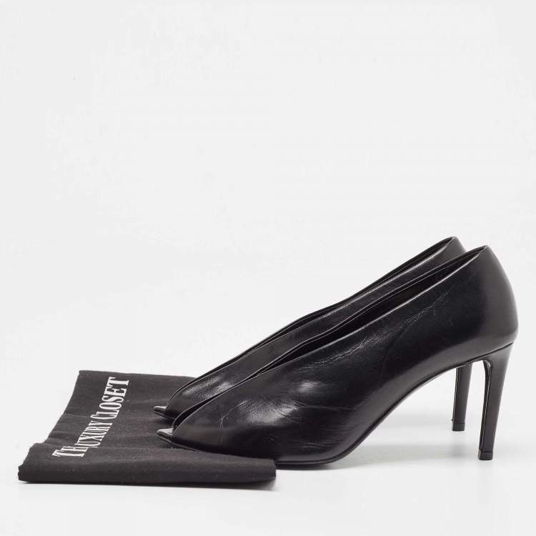Pre Owned Balenciaga Black Leather V Neck Open Toe Pumps Size 36