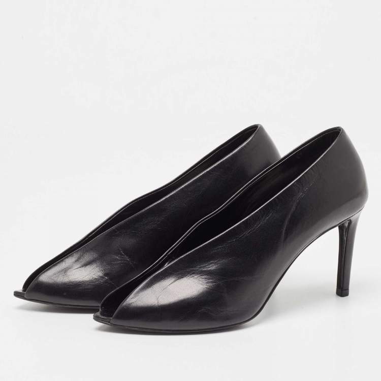 Pre Owned Balenciaga Black Leather V Neck Open Toe Pumps Size 36