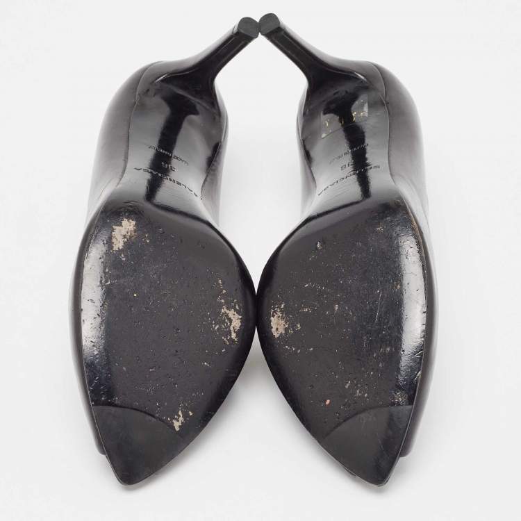 Pre Owned Balenciaga Black Leather V Neck Open Toe Pumps Size 36
