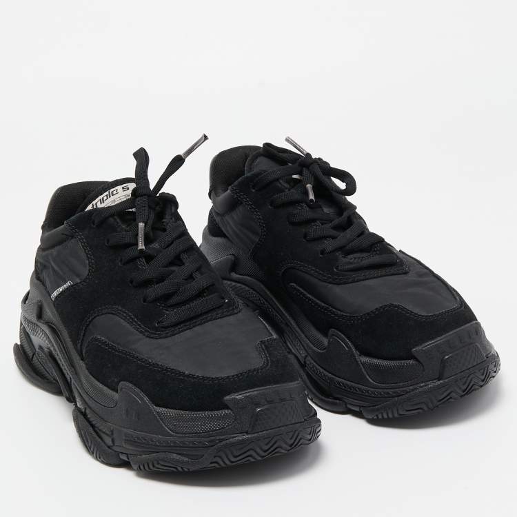 Pre Owned Balenciaga Black Nylon and Suede Triple S Sneakers Size 37