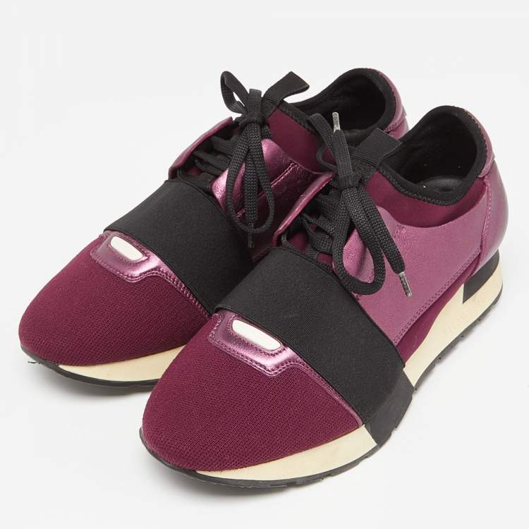 Pre Owned Balenciaga Purple Leather and Neoprene Race Runner Sneakers Size 38